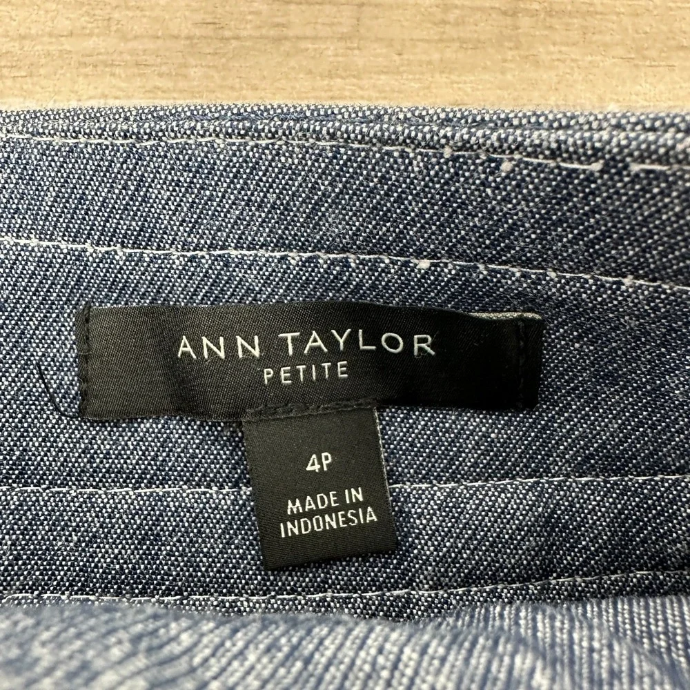 Ann Taylor Women's Blue Denim Faux Wrap‎ Lined A- Line Skirt Size 4P Petite